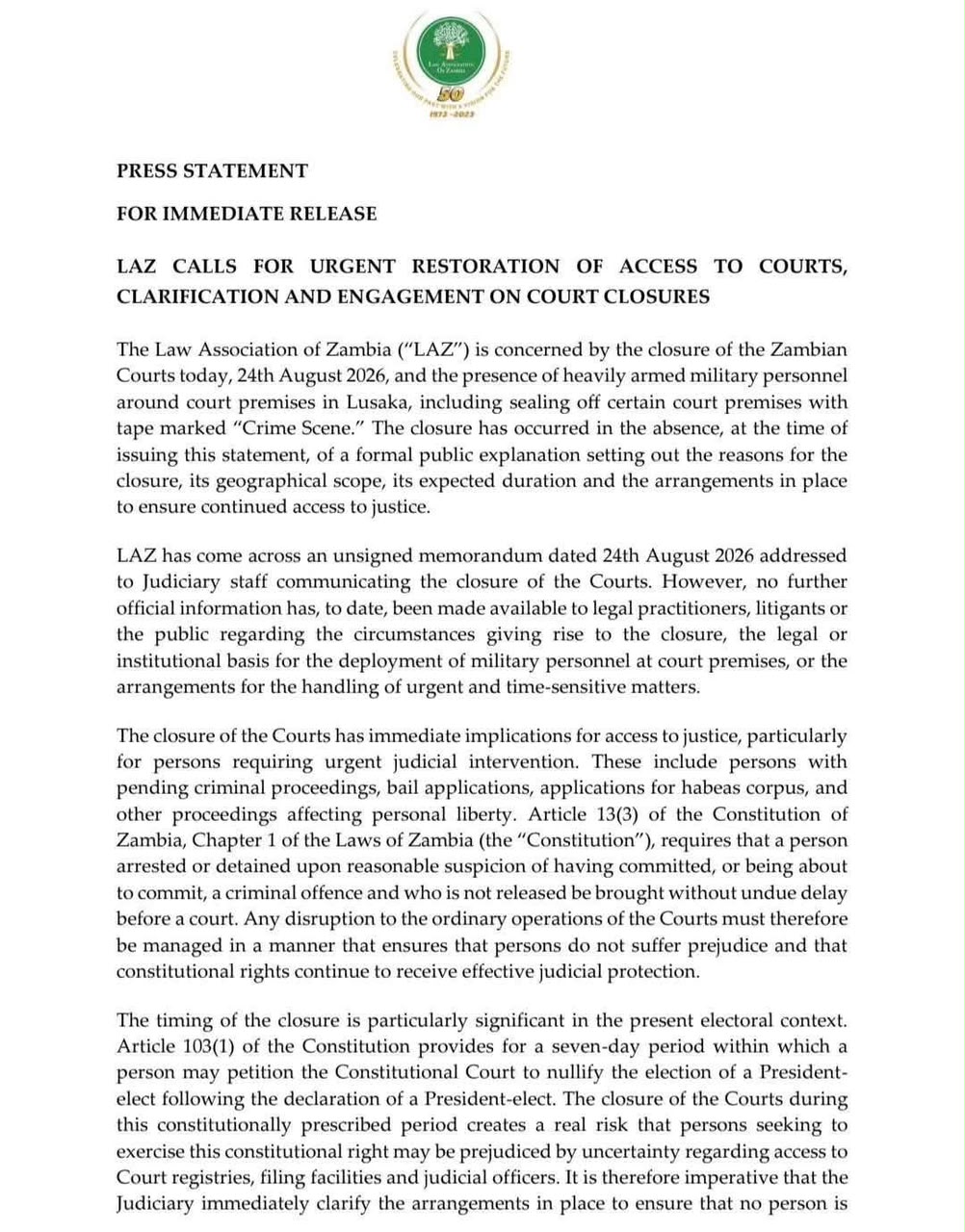 LAZ Calls for Reopening of Courts.