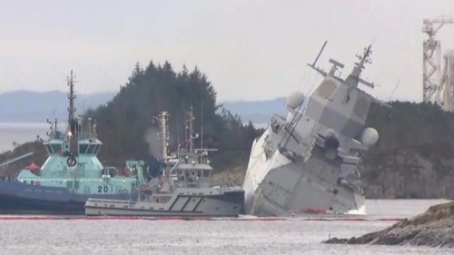 HELGE INGSTAD: NORWAY'S WARSHIP COLLIDES WITH TANKER IN FJORD. 