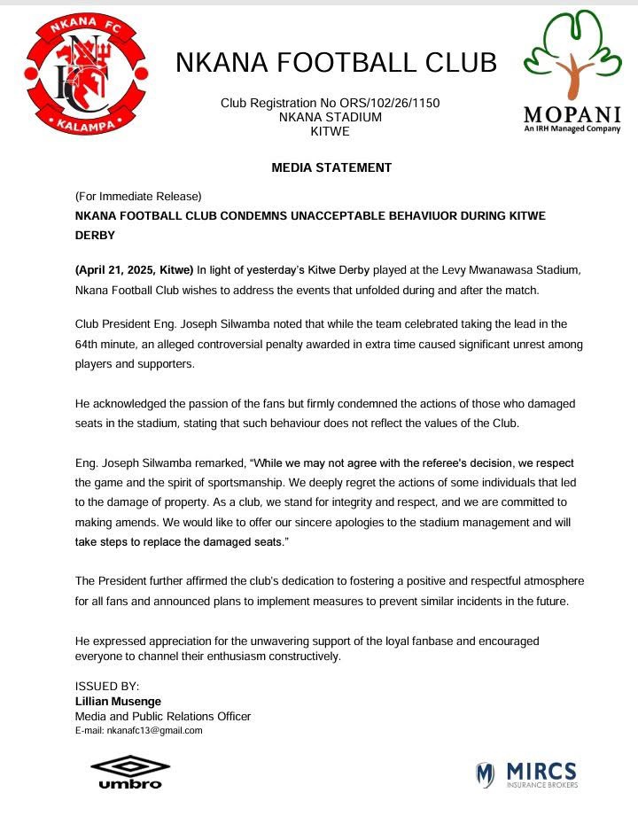 Nkana FC Condemns Unacceptable Behavior During Kitwe Derby