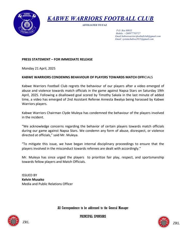 Kabwe Warriors Condemn Player Behavior Towards Match Officials