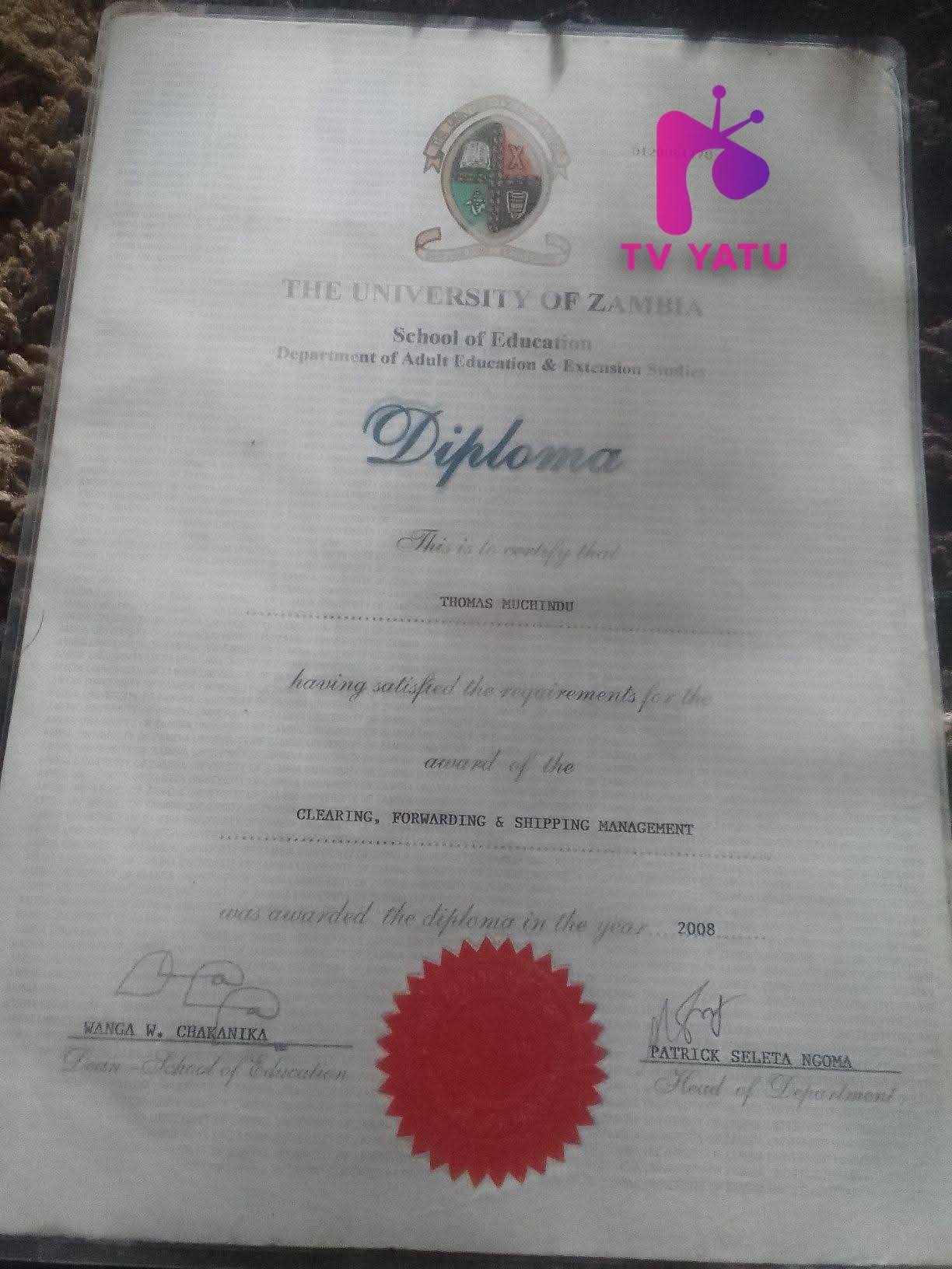 Thomas Muchindu’s Diploma in Clearing and Forwarding obtained from the University of Zambia in 2008, a qualification he earned before joining the Zambia Police Service.