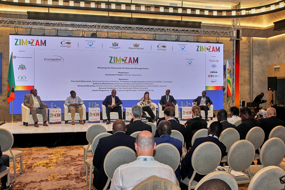 ZRDC Board Chair Dr. Richard Silumbe (centre) pictured during a panel discussion at the Zimbabwe–Zambia Energy Projects Summit (ZimZam 2025), alongside other industry leaders and energy sector stakeholders.
